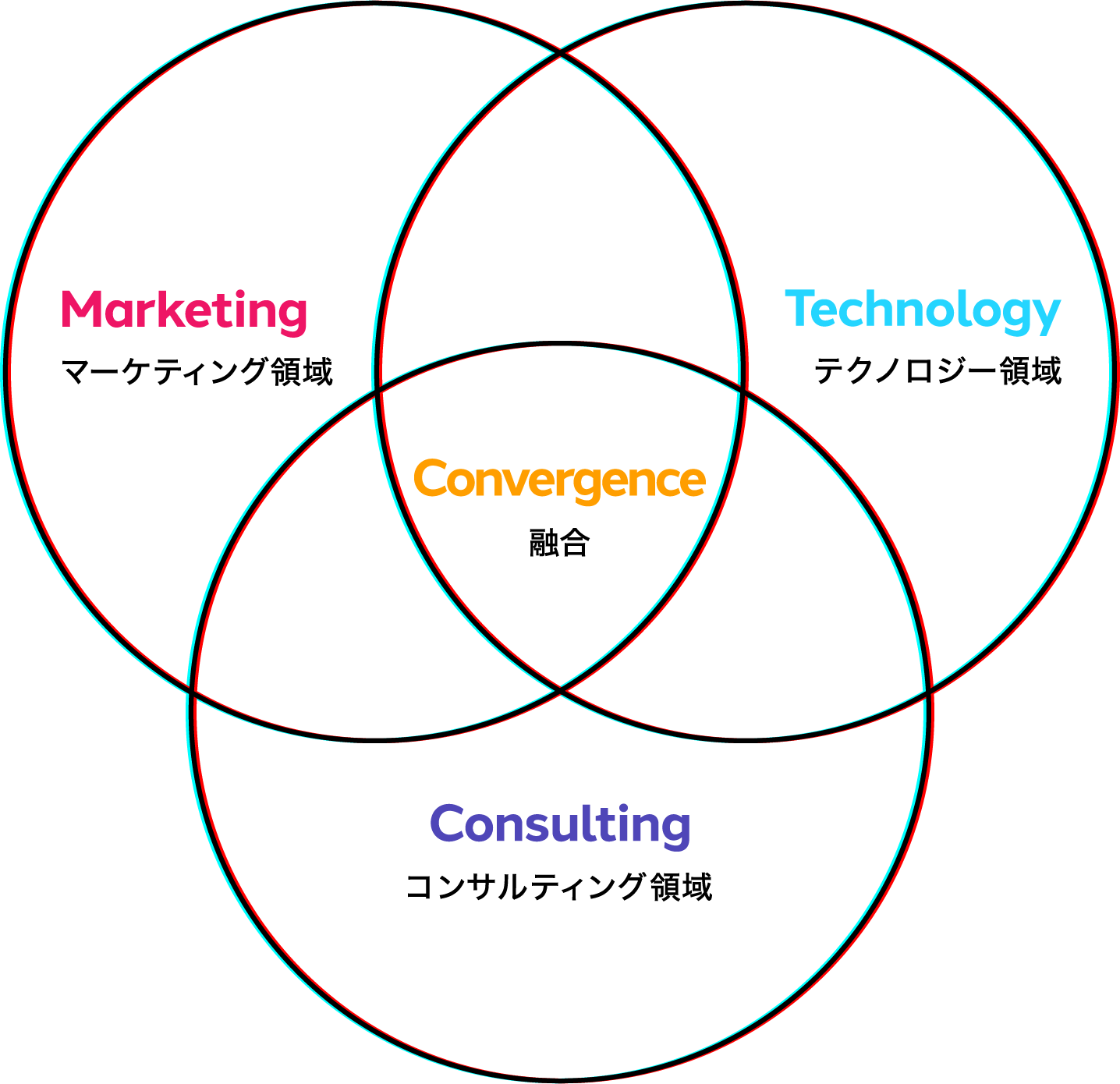 ベン図:マーケティング領域の円、テクノロジー領域の円、コンサルティング領域の円それぞれが交わる所は融合